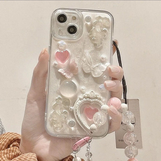 3D 立体ハート & バタフライ ブレスレット付き iPhoneケース[立体爱心蝴蝶手腕带苹果手机壳]