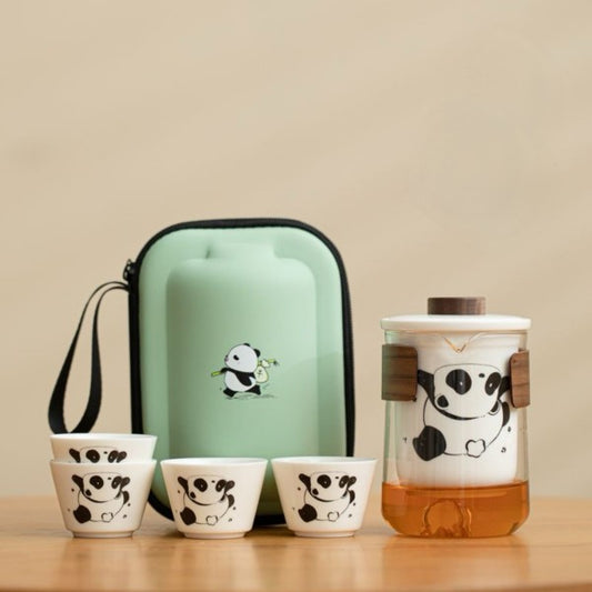 パンダ柄の茶器セット、ポータブル、一壺四杯